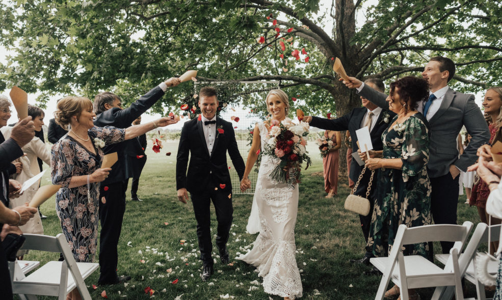 A flower shower under the oak trees of Brown Brothers Winery