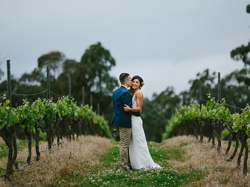 A couple hugging between rows of vines